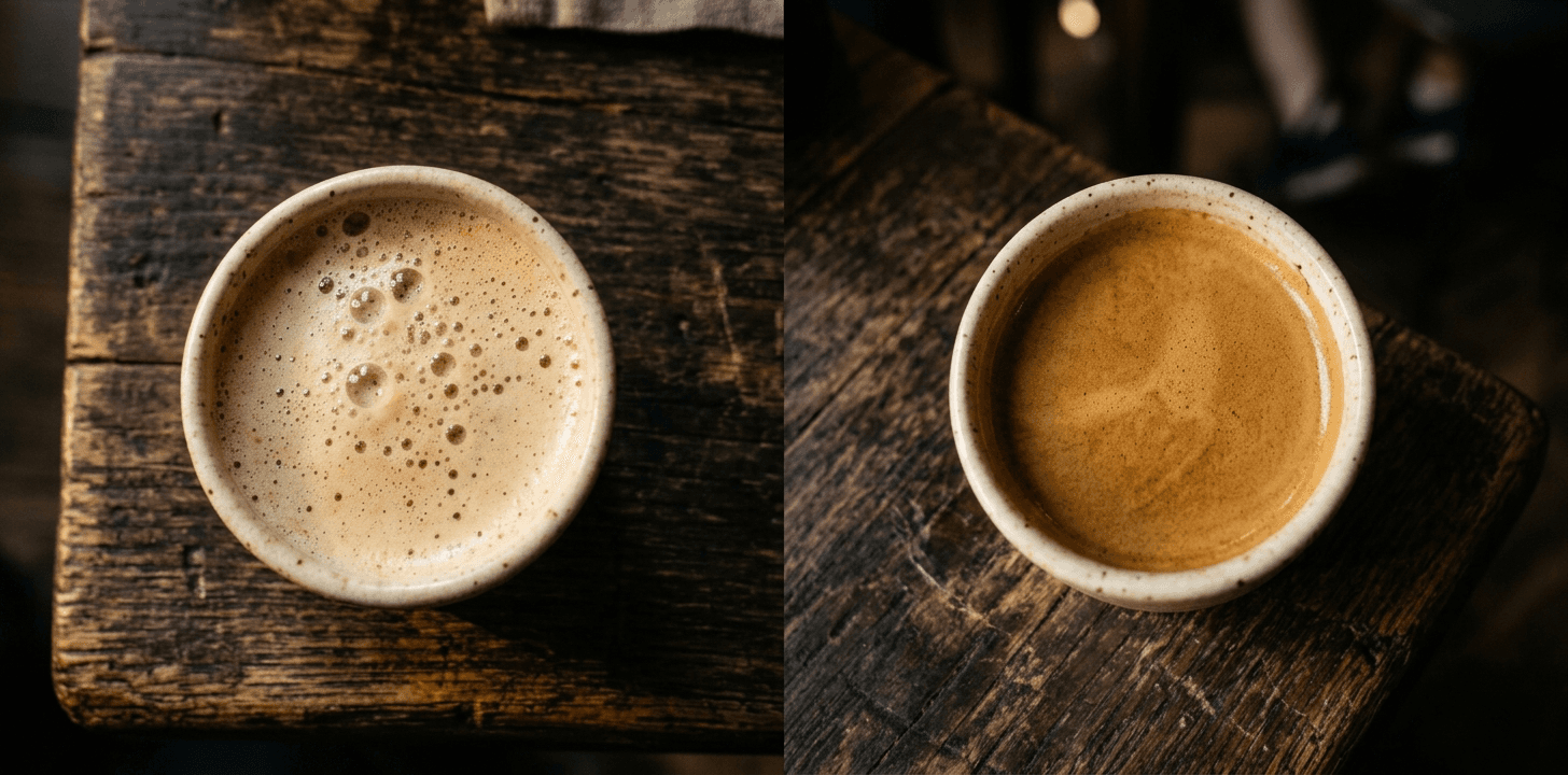 Side by side espresso comparison — pale bubbly crema from a pressurised basket versus dense hazelnut crema from a standard basket