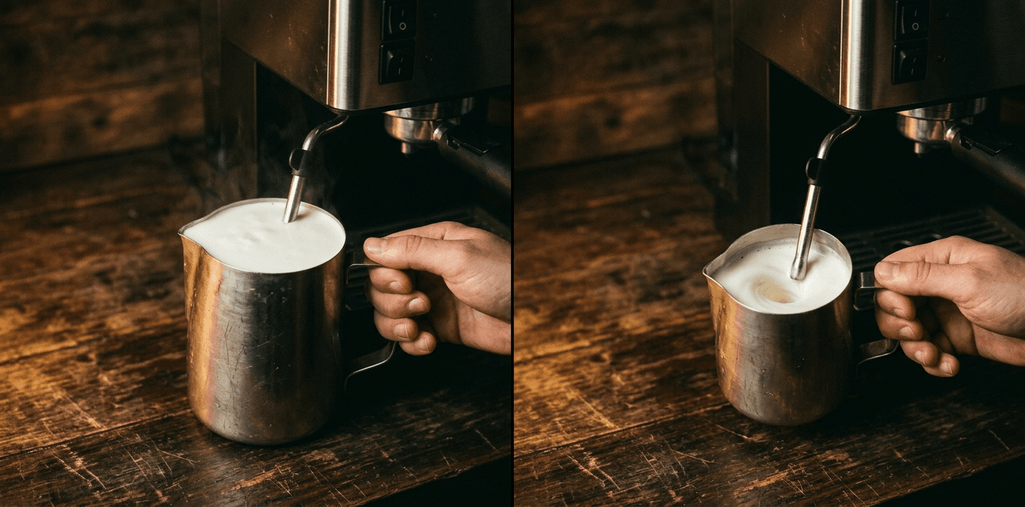 Side by side milk steaming comparison — a large overfilled pitcher barely moving versus a small pitcher spinning a tight whirlpool