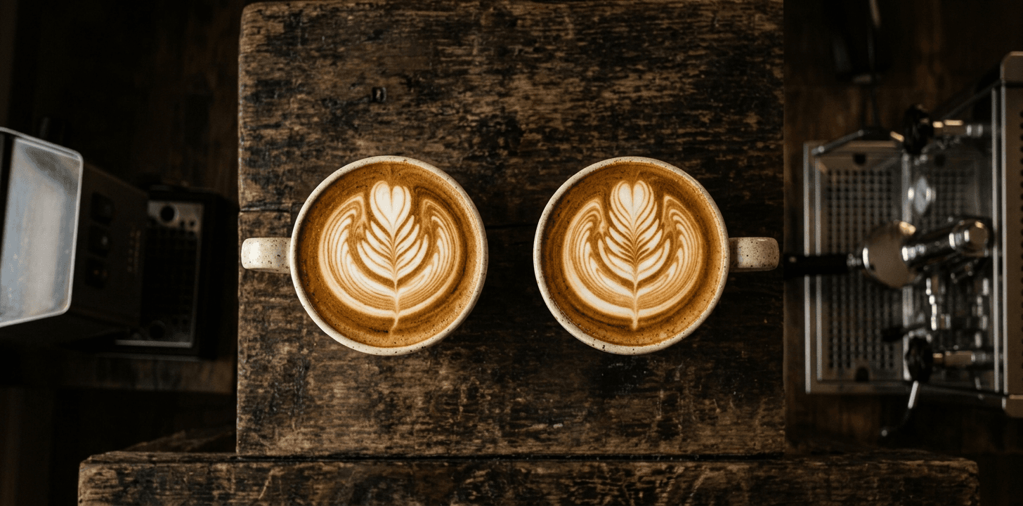 Side by side latte comparison — an equally crisp rosetta poured on a basic home machine and on a premium dual boiler