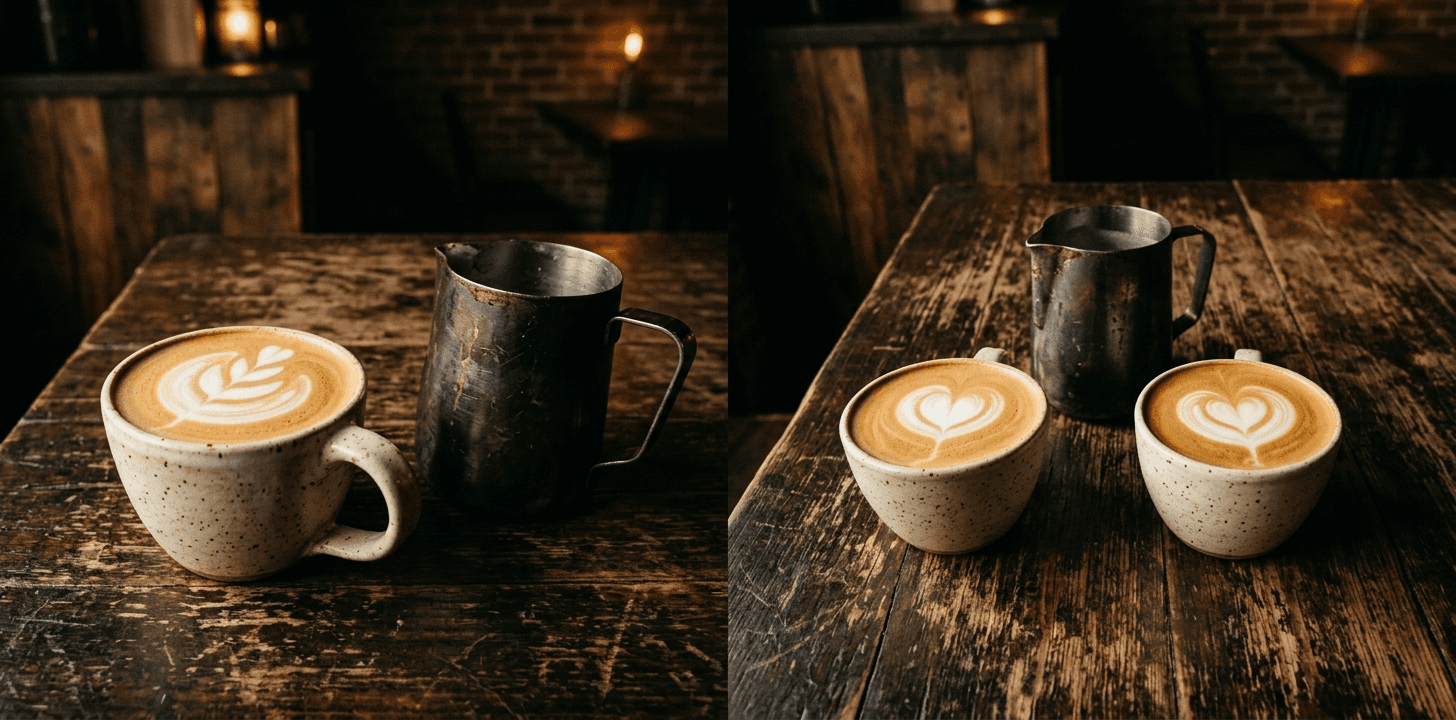 Side by side latte art practice comparison — one large latte versus two smaller practice pours from the same pitcher