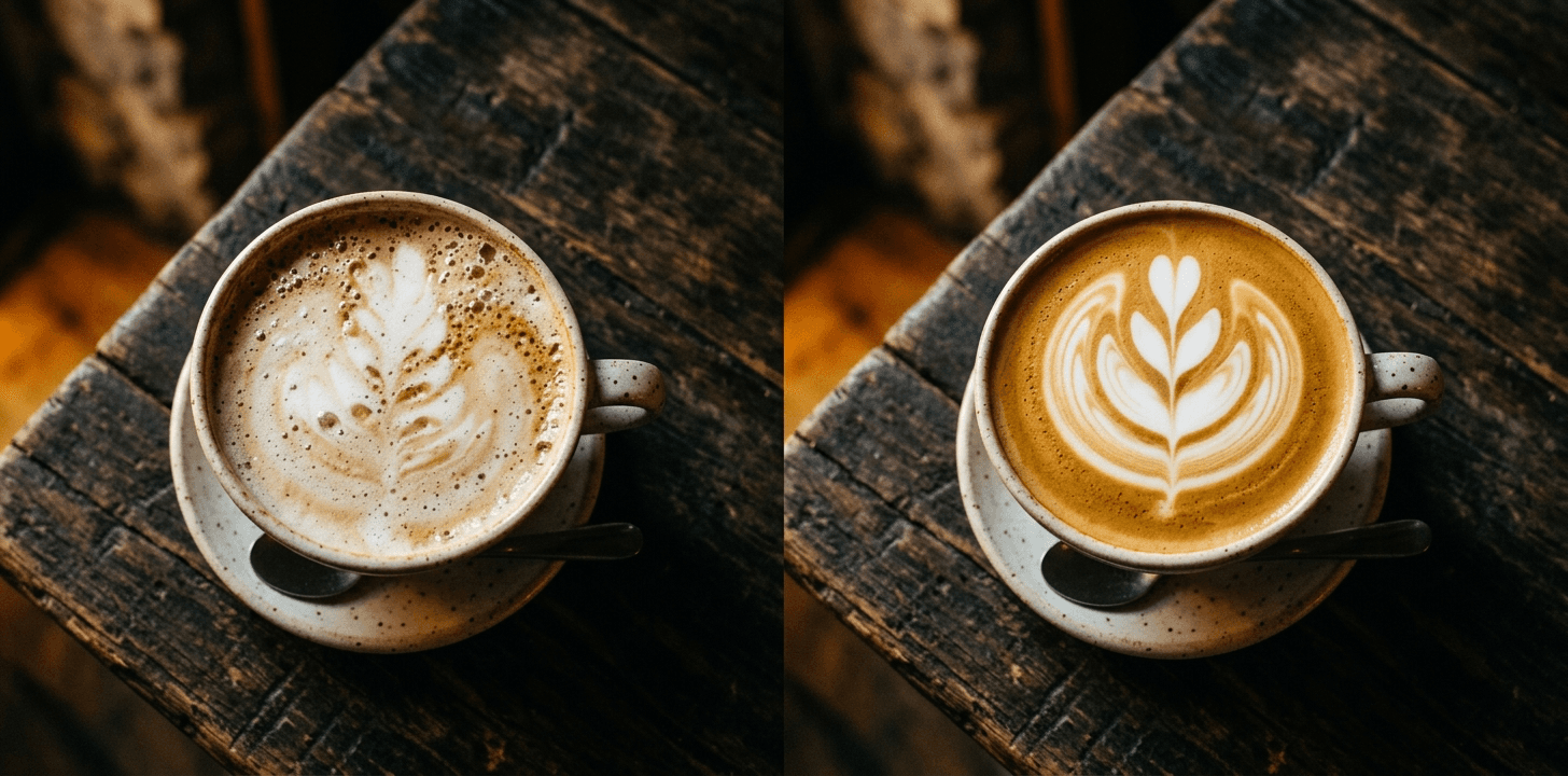 Side by side latte art practice comparison — a soap and water drill pour versus a real milk tulip