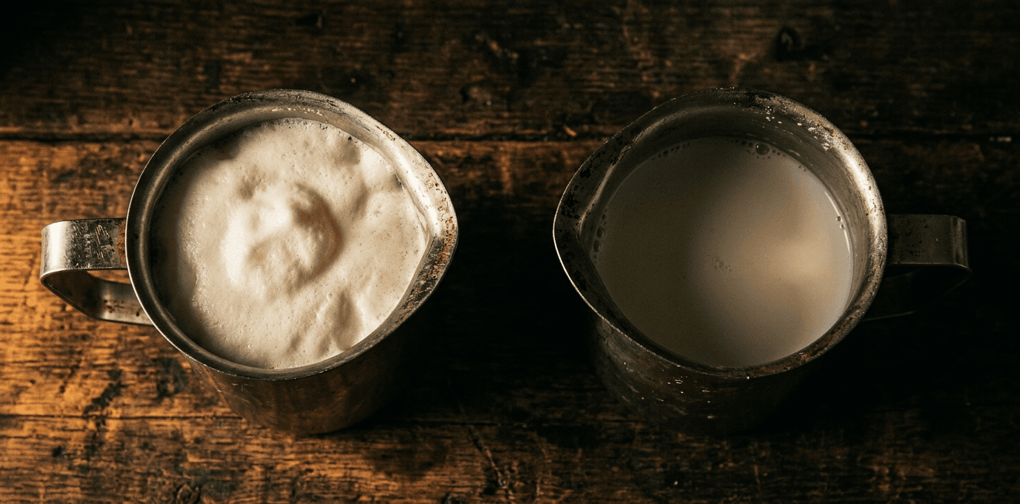 Side by side milk pitcher comparison — stiff marshmallow-like foam versus flat watery milk with no foam