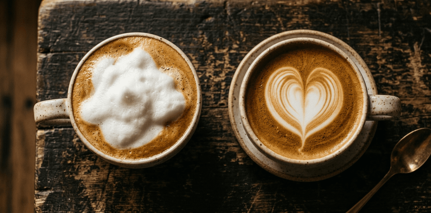 Side by side latte comparison — a puffy plopped foam mound versus a flat well-defined heart poured in silky milk