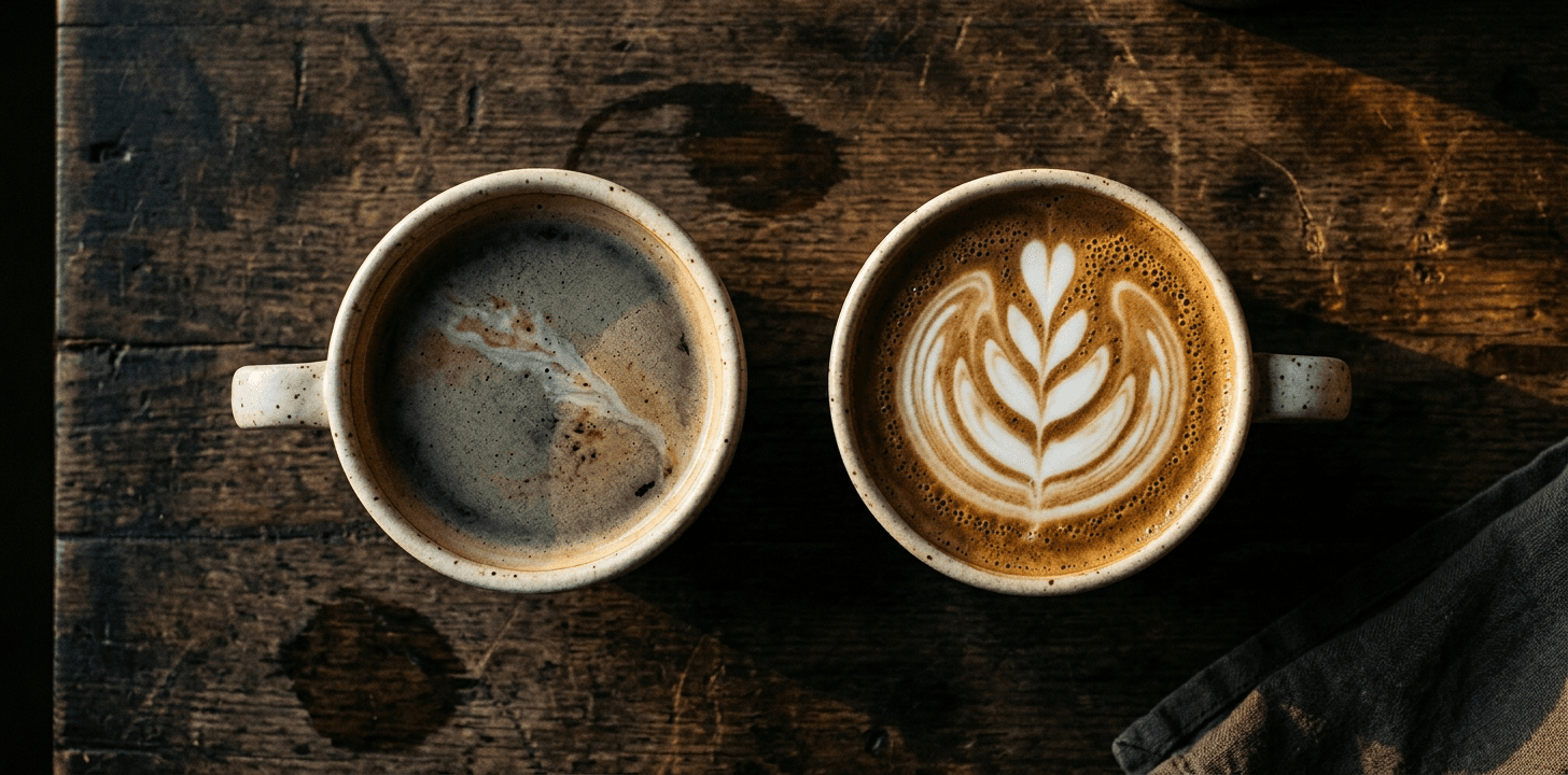 Side by side latte comparison — a dull grey surface where the shape sank versus a clear white rosetta on proper microfoam