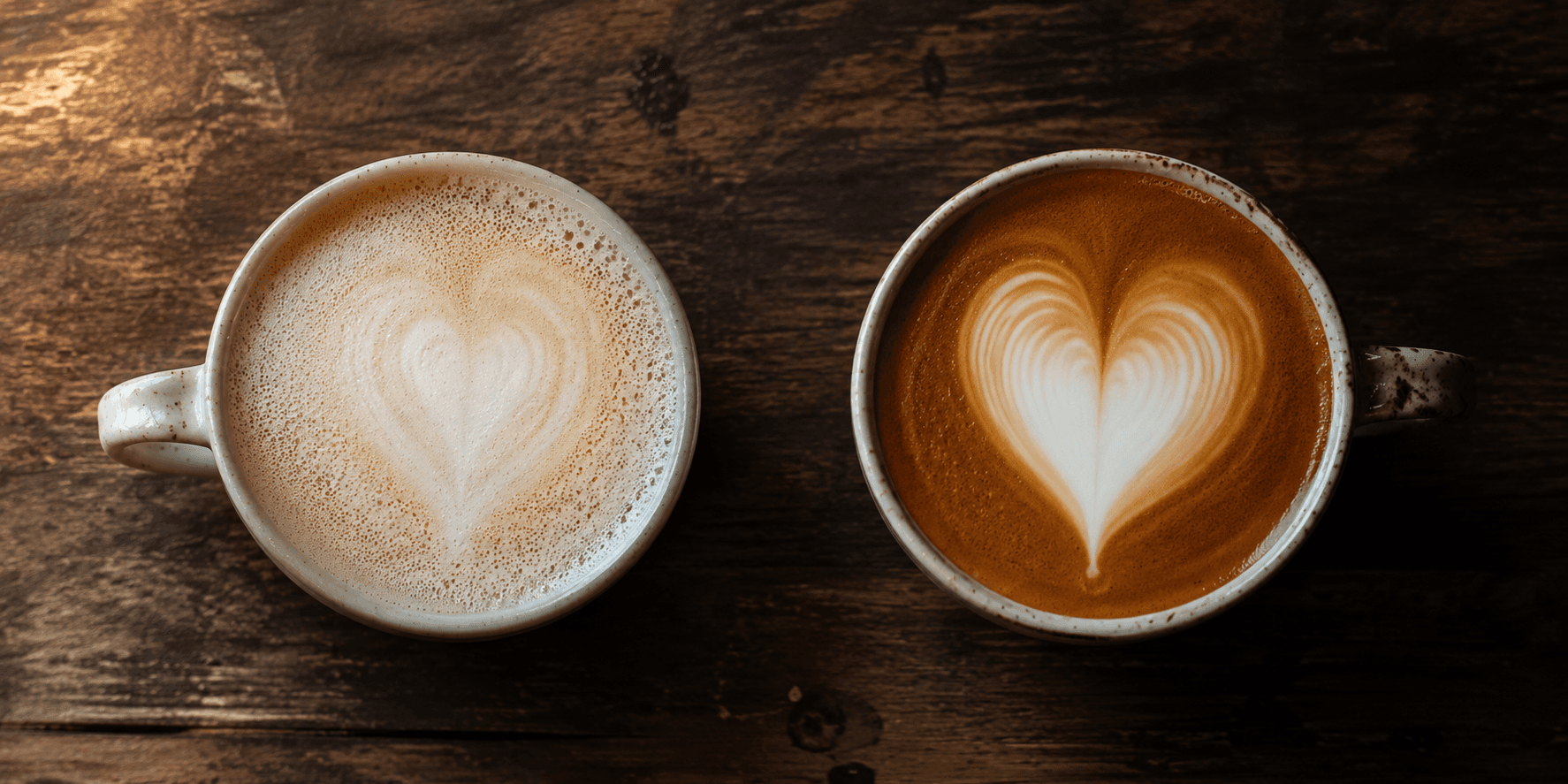 Side by side latte art heart comparison — foamy milk vs silky milk texture