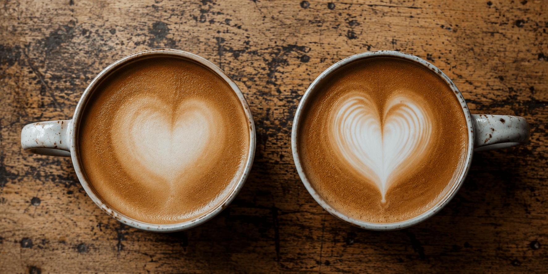 Side by side latte art heart comparison — pitcher too high vs correct pour height