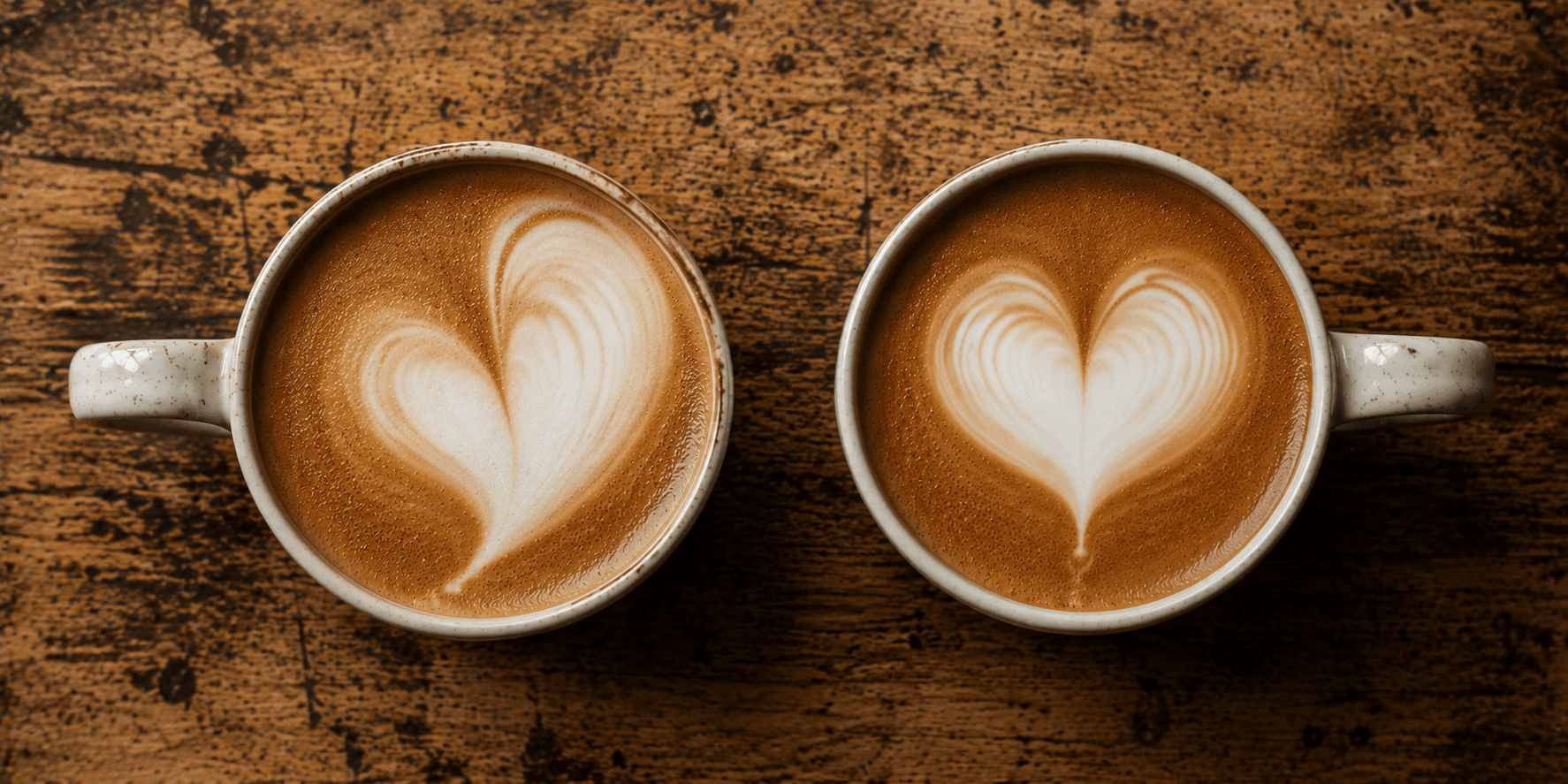 Side by side latte art heart comparison — off center vs symmetrical heart