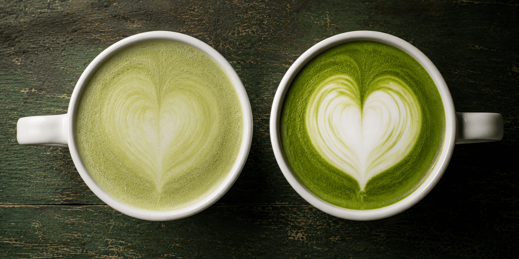 Side by side matcha latte art comparison — low contrast washed out vs strong contrast vibrant green
