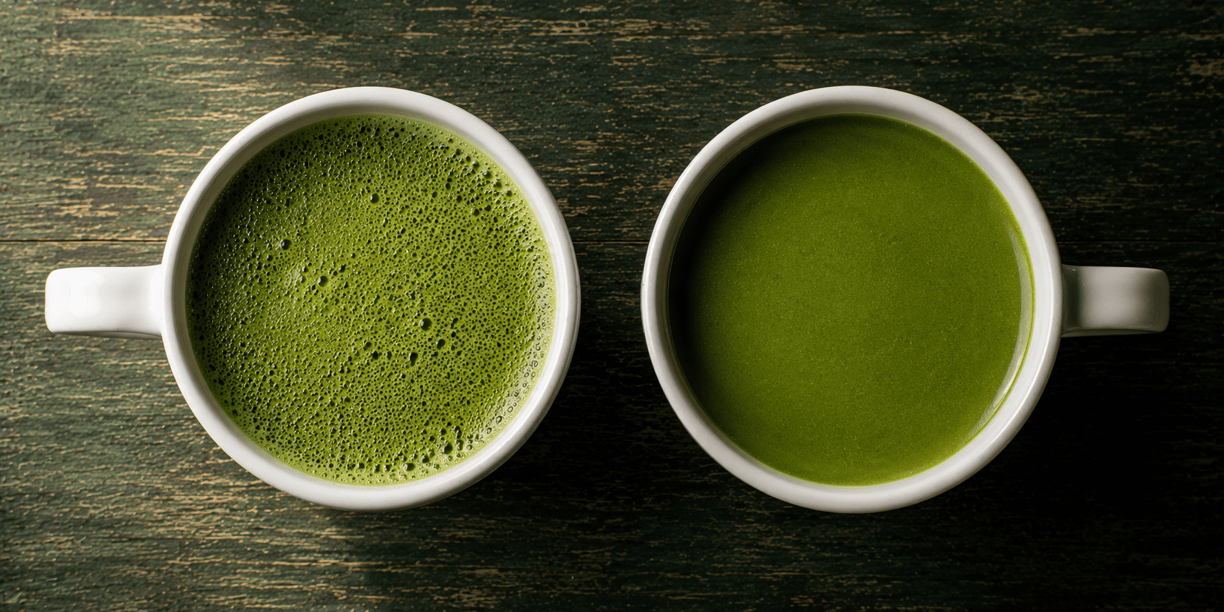 Side by side matcha latte comparison — micro bubbles on surface vs smooth settled surface