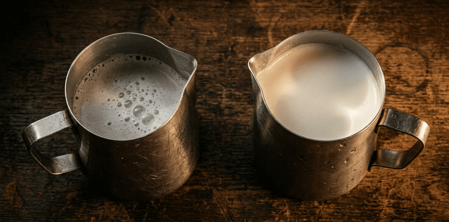 Side by side milk pitcher comparison — degraded foam from old milk versus dense glossy microfoam from fresh cold milk