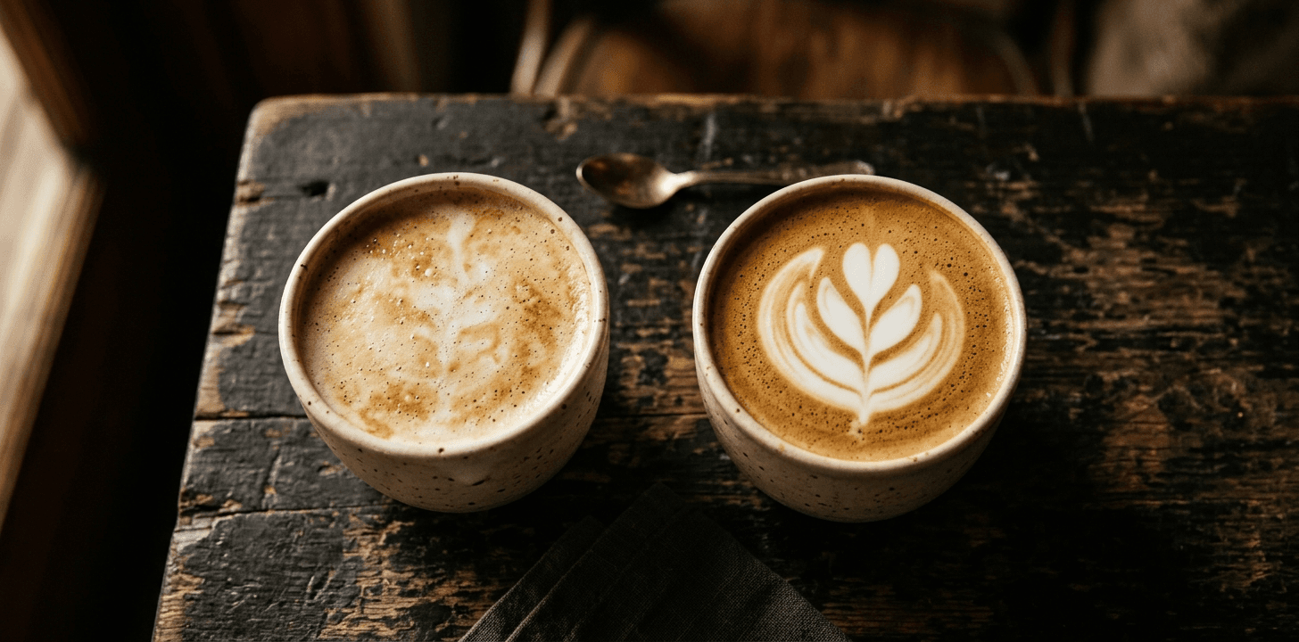 Side by side latte comparison — thin patchy regular oat milk versus creamy barista oat milk with a clean tulip