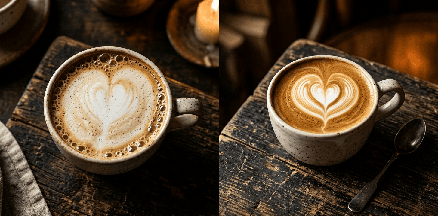 Side by side latte comparison — a puffy washed-out pattern in skim milk versus a glossy sharp-edged heart in whole milk