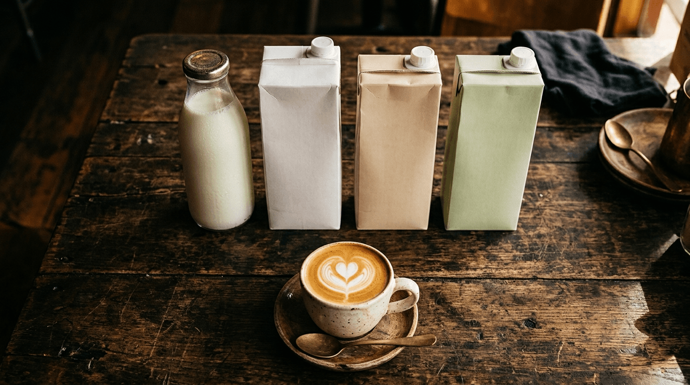 Different milk cartons lined up next to an espresso machine — choosing milk for latte art