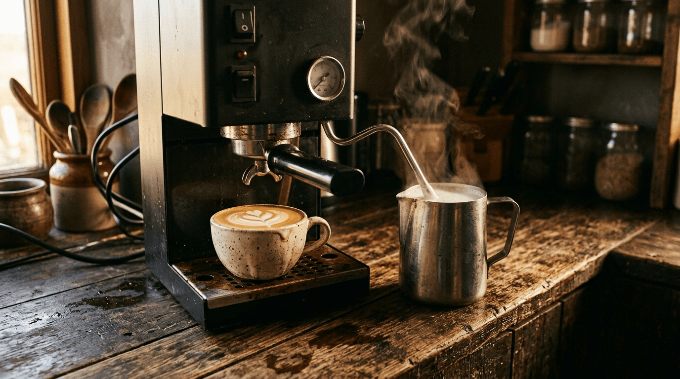 Entry-level home espresso machine steaming milk for latte art