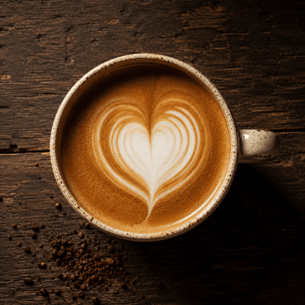 Overhead shot of a flat white with a crisp latte art heart in a speckled stoneware cup on a dark wooden table