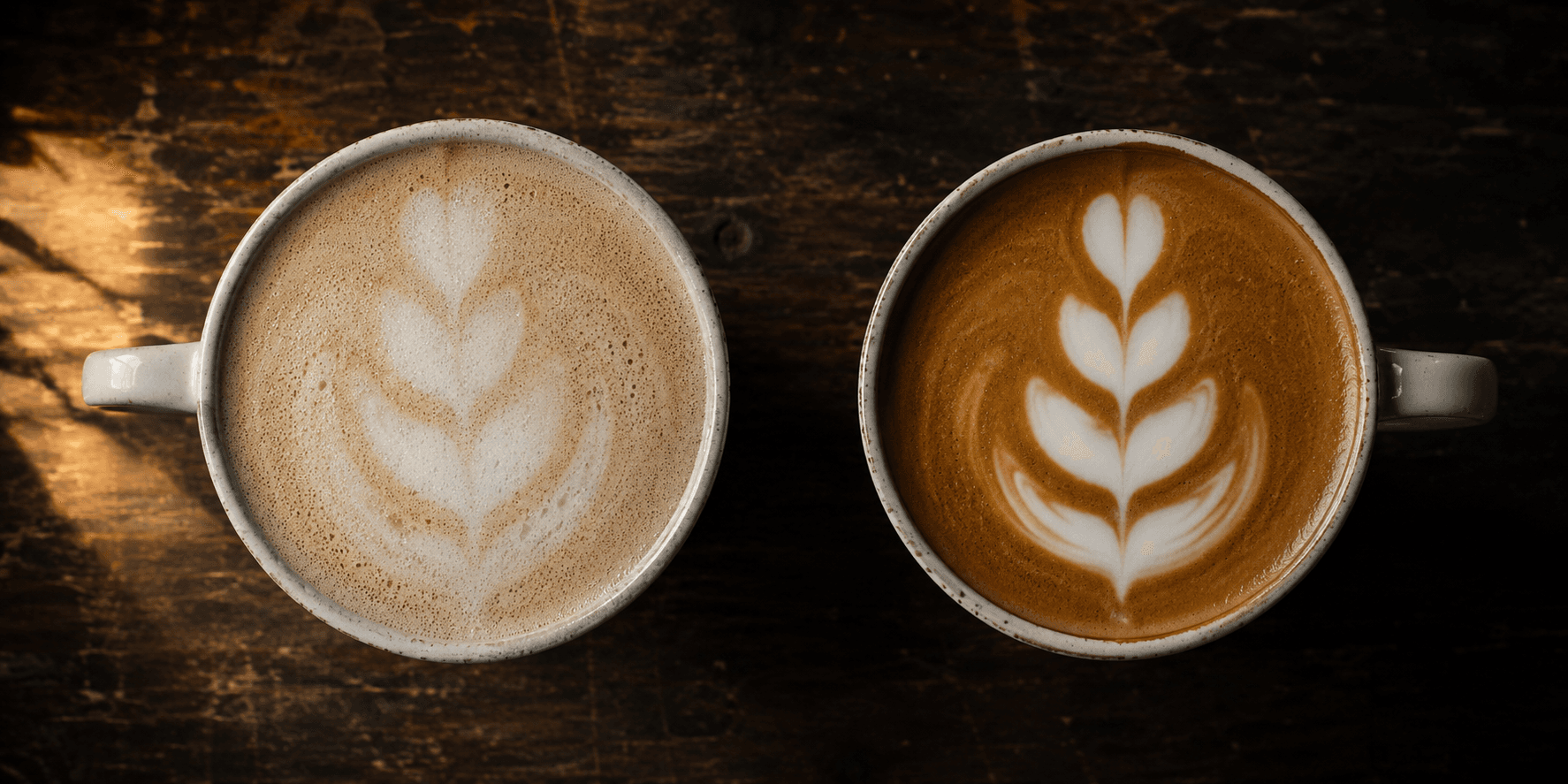 Side by side latte art 4-tulip comparison — foamy milk vs silky milk texture