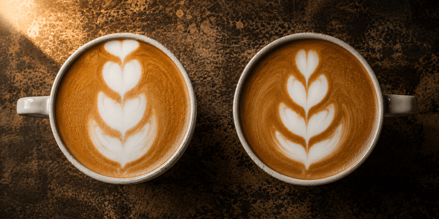 Side by side latte art 4-tulip comparison — cramped final drop vs evenly spaced layers