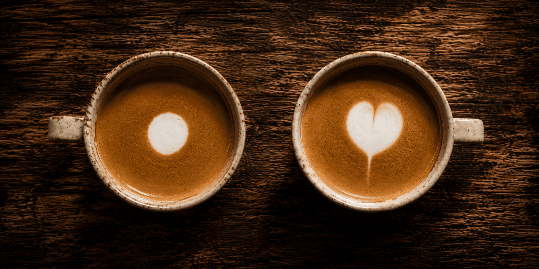 Side by side beginner latte art comparison — a centred white dot versus a first heart with a pull-through
