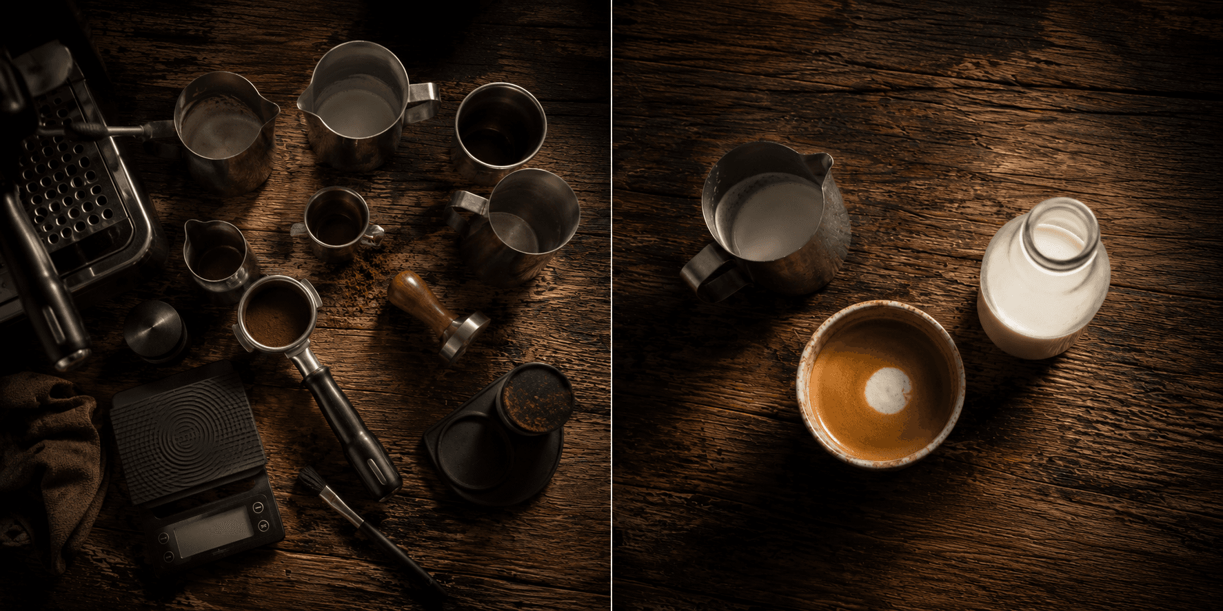Side by side latte art gear comparison — a cluttered professional setup versus a minimal pitcher and cup