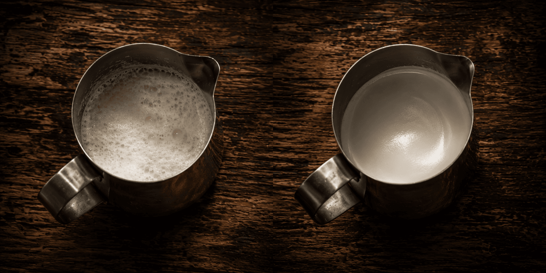Side by side milk pitcher comparison — bubbly stiff foam versus glossy wet-paint microfoam