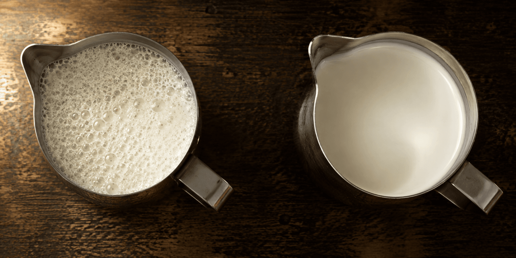 Side by side steamed milk comparison — too much air and bubbles vs perfect silky microfoam