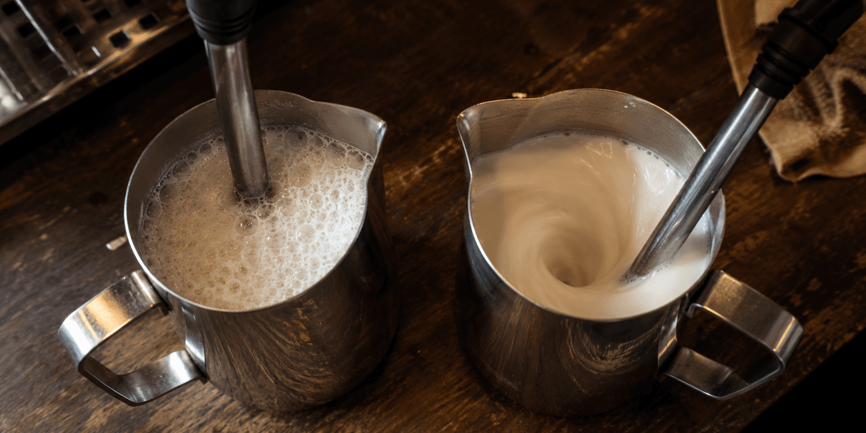 Side by side steamed milk comparison — no whirlpool with surface bubbles vs active whirlpool integrating microfoam
