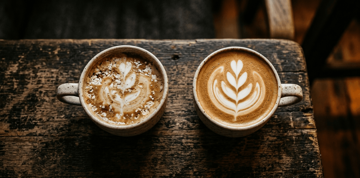Side by side oat milk latte comparison — thin patchy regular oat milk versus a clean tulip poured in barista blend