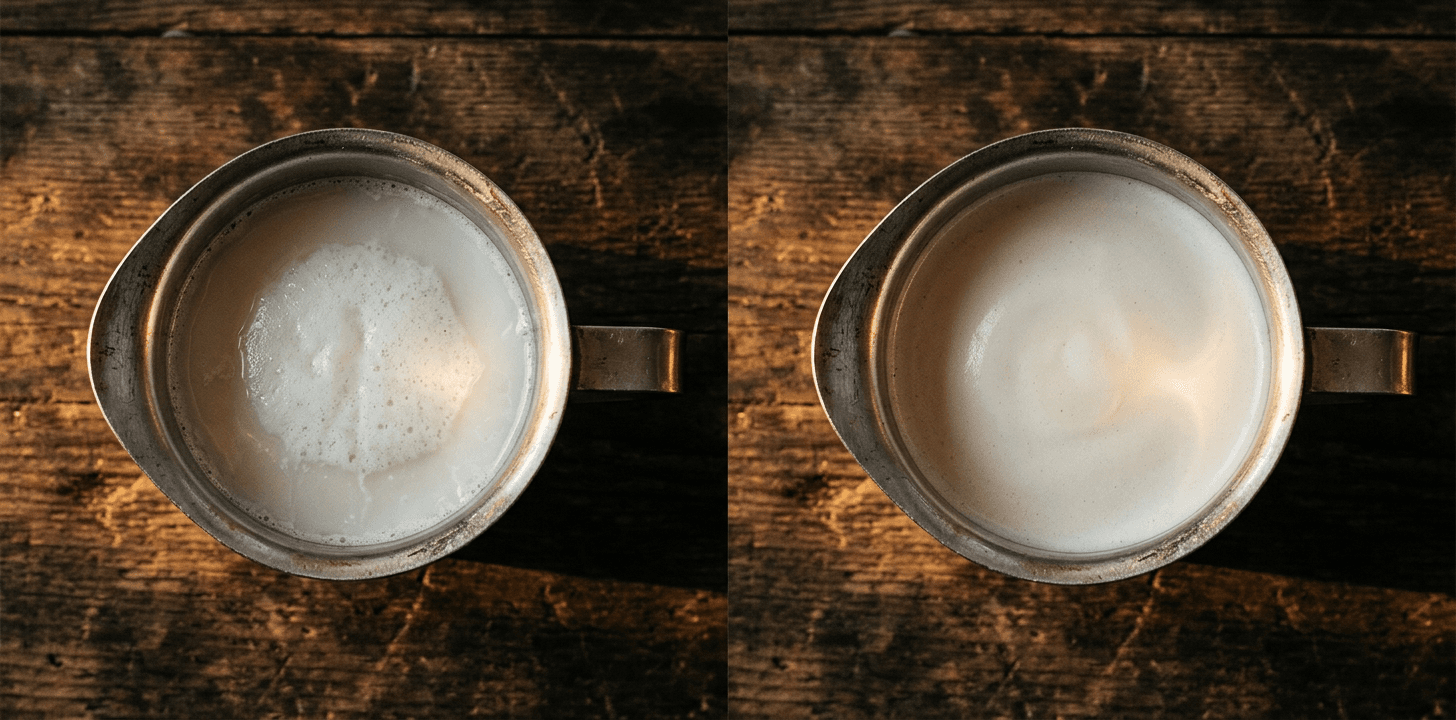Side by side oat milk pitcher comparison — collapsed separated foam versus freshly swirled microfoam