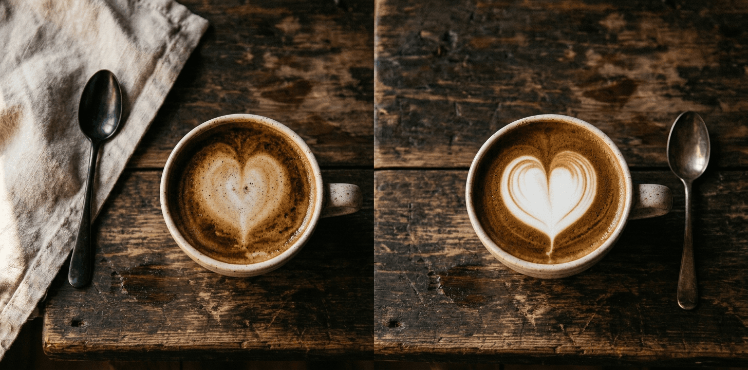 Side by side oat milk latte comparison — a ghost-like sunken heart versus a crisp heart floating on the crema