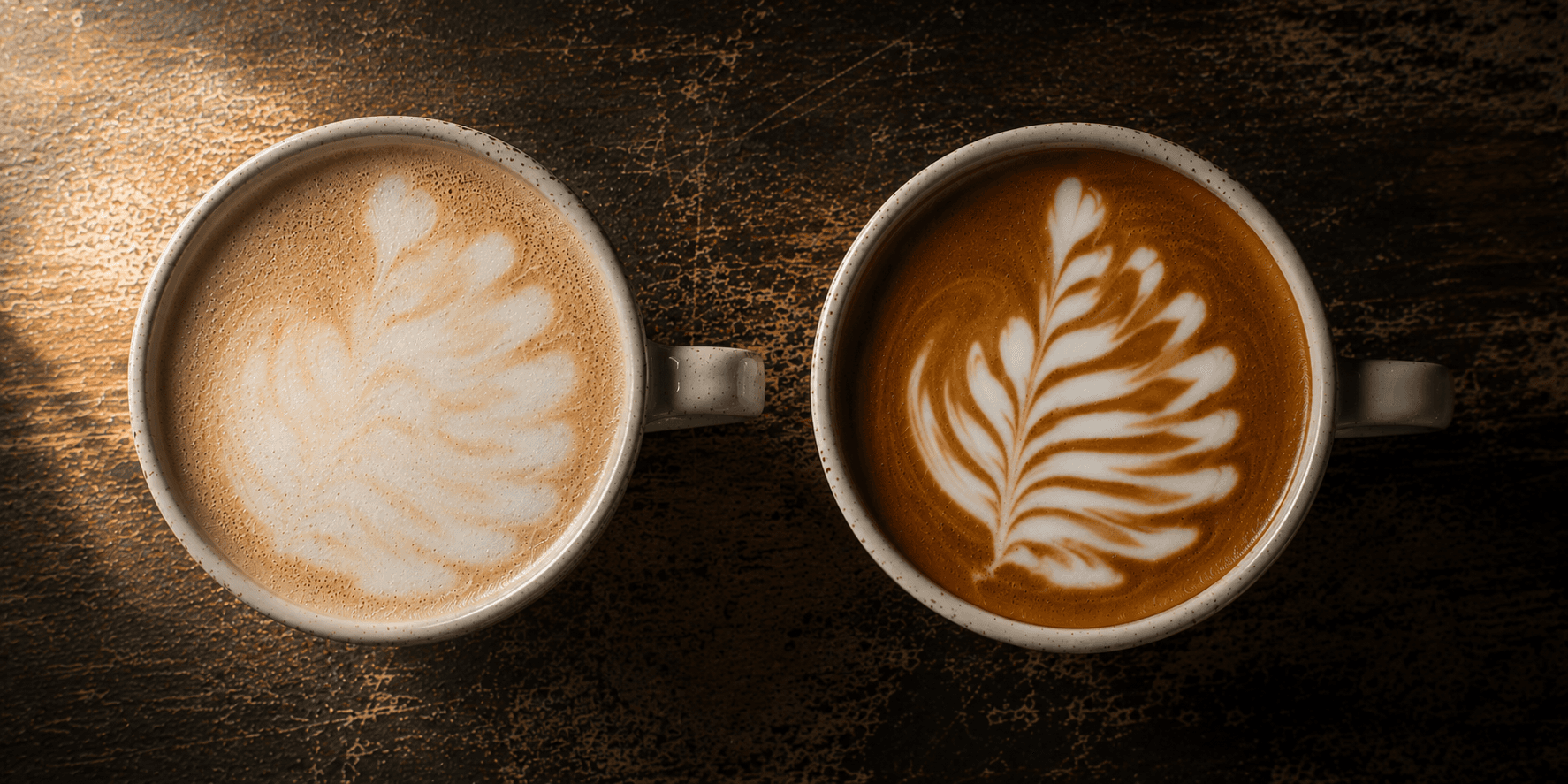 Side by side latte art phoenix tail comparison — foamy milk vs silky milk texture