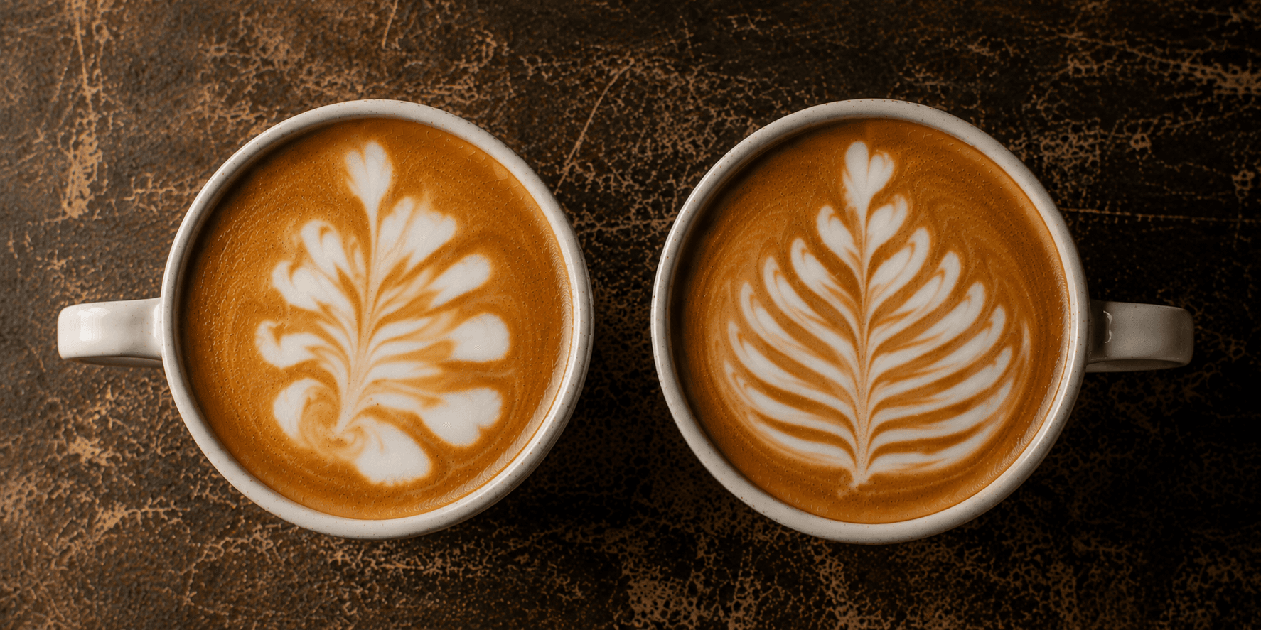 Side by side latte art phoenix tail comparison — uneven drop spacing vs consistent fan angles