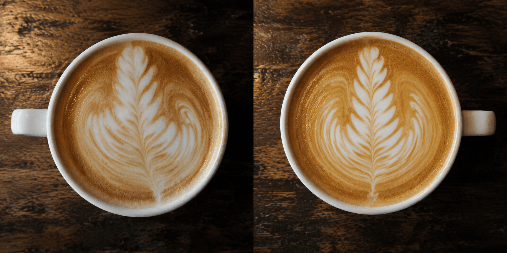 Side by side latte art rosetta comparison — off-center pull-through vs centered pull-through
