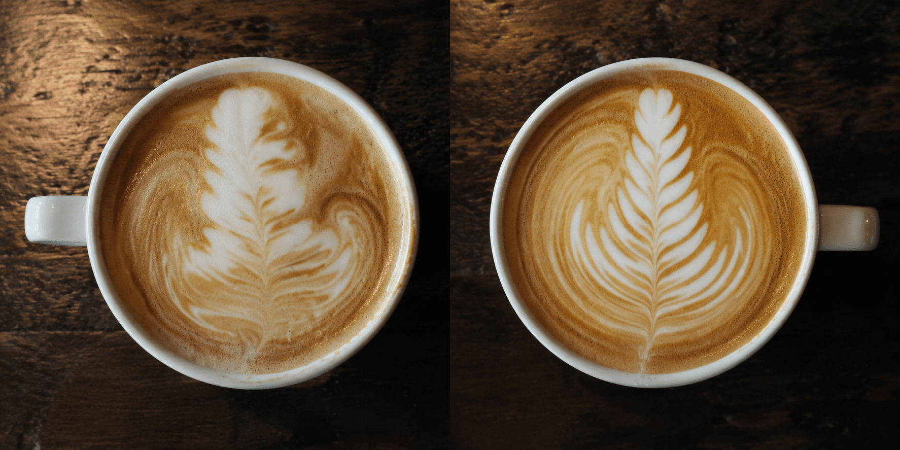 Side by side latte art rosetta comparison — wiggle too wide vs controlled wiggle size