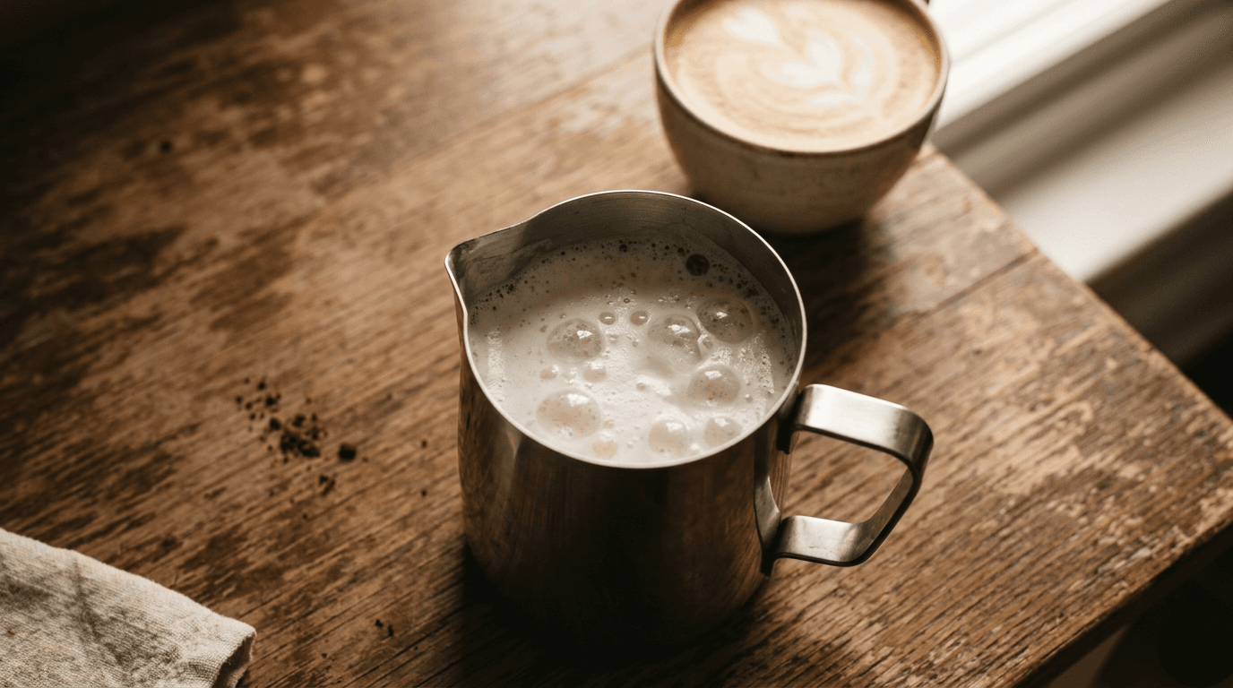 Steamed milk pitcher with large visible bubbles and foamy texture — common home barista mistake