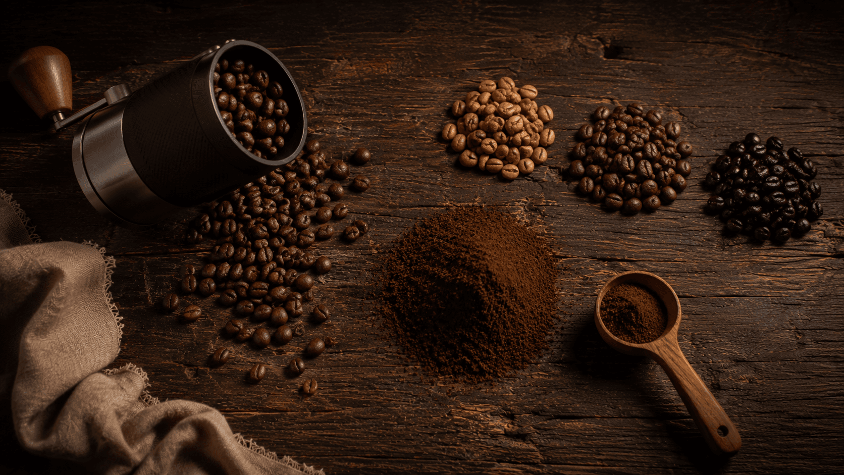 Overhead shot of a hand grinder, fresh grounds and beans at three roast levels from light to dark on a dark wooden table