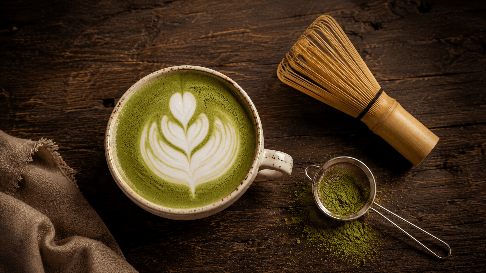Overhead shot of a matcha latte with latte art next to a bamboo chasen whisk and a sieve of matcha powder